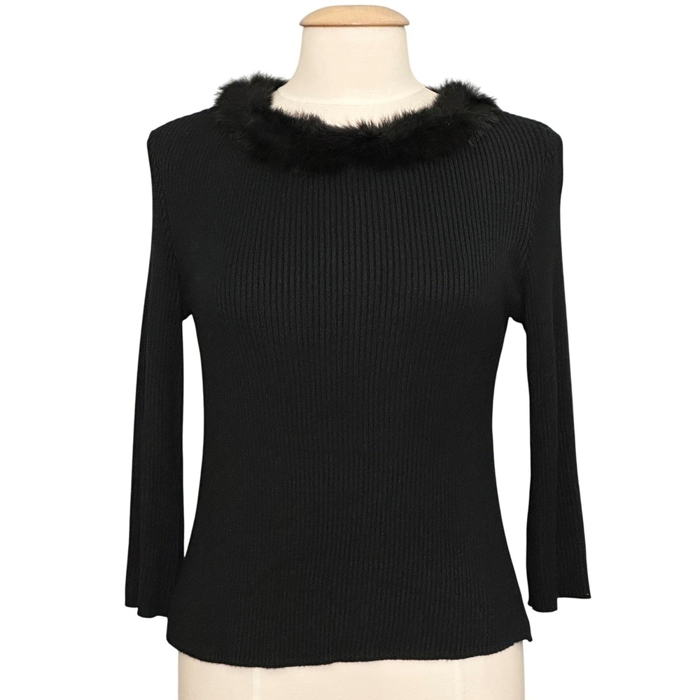 VTG Old Money Coquette Womens Sweater M Black Ribbed Faux Fur Retro City Glam